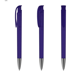 A transparent purple plastic pen with a silver tip, featuring a clip and a branding logo.