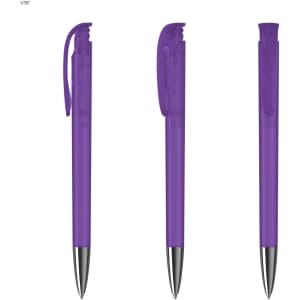 A purple plastic pen with a transparent body and a silver clip, featuring branding on the side.