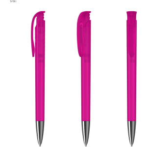Three transparent pink plastic pens with silver tips and clips, featuring a branding logo on the side.