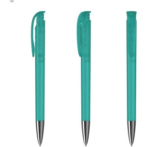 A transparent teal plastic pen with a sleek design and a metallic silver tip. Features a clip and branding.