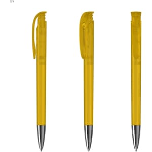 A transparent yellow plastic pen with a silver tip and a clip on the side. The pen is displayed from three angles.