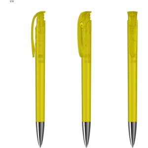 A set of three transparent yellow plastic pens with silver accents and clip detailing.