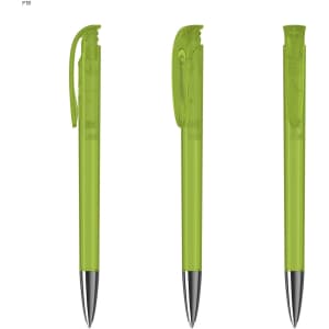 A set of three transparent green plastic pens with a clip and silver accents. They have a simple, sleek design.
