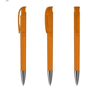 Transparent orange plastic pens with silver accents, featuring a clip on the cap and a sleek design.