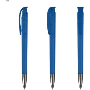 A plastic pen in transparent blue, featuring a silver-toned tip and clip, displayed from multiple angles.