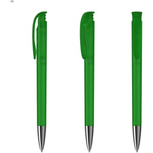 A collection of green plastic pens with a transparent body and silver trim, featuring a clip on each cap.