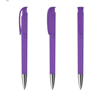 A set of three purple plastic pens with silver accents and clips. Each pen has a cap and a smooth design.