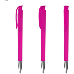A set of three plastic pens in bright pink, featuring a silver tip and a logo.