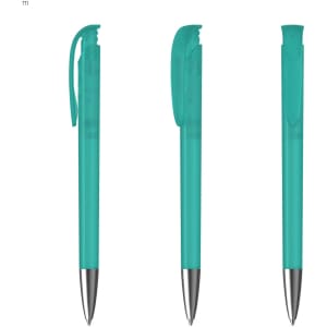 A set of three plastic pens in teal with silver accents and a clip, featuring a transparent design.