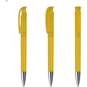 A set of three yellow plastic pens with silver tips and matching caps, featuring a logo on the barrel.