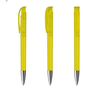A set of three yellow plastic pens, featuring a silver clip and tip, showcasing a sleek design.