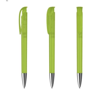 A plastic pen in bright lime green with a silver tip and a retractable mechanism. The pen has a simple, sleek design.