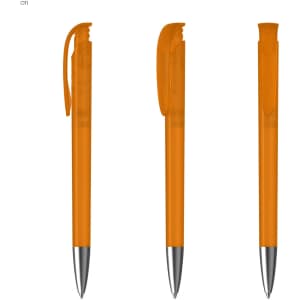 Three plastic pens in a vibrant orange colour with a silver tip and clip, featuring a sleek design and branding.