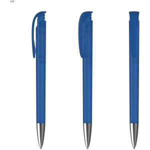 A set of blue plastic pens featuring a silver-tone clip and tip, with a logo present.