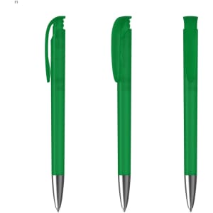 A green plastic pen with a silver tip, displayed from multiple angles. The pen features a clip on the cap.