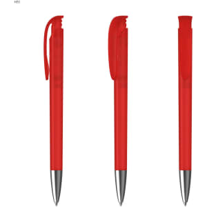 A red plastic pen with a transparent barrel and silver accents, featuring a clip and retractable tip.