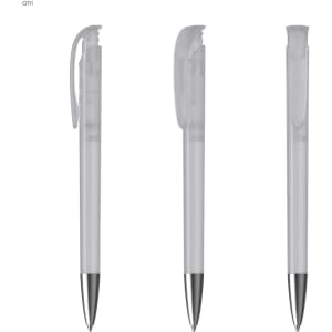 A set of transparent plastic pens with silver accents, featuring a clip on each pen.