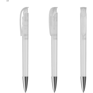 A set of transparent plastic pens with silver nibs and clear caps, featuring a logo on each.