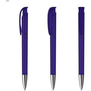 A collection of three purple plastic pens with silver chrome accents and clips, featuring a sleek design.