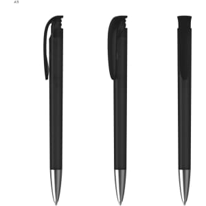 Three sleek black plastic pens with silver accents and clips, displaying different angles and designs.