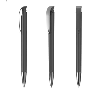 A plastic pen in black with a silver clip, displayed from multiple angles. Features a simple design and a logo.