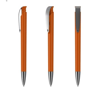An orange plastic pen with a silver clip, shown from three different angles. The pen has a glossy finish.