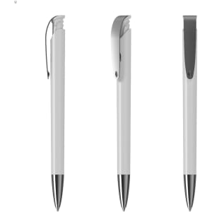 A white plastic pen with a silver clip and tip, featuring a sleek design and branding on the clip.