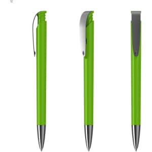 A green plastic pen with a silver clip, displayed from three different angles.