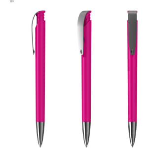 A pink plastic pen with a silver clip and a sleek design, displayed from multiple angles.