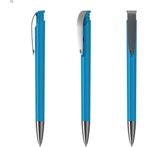 A blue plastic pen with a silver clip, displayed from three angles. It features a sleek design and a branding logo.