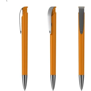 An orange plastic pen with a metallic clip, displayed in three different angles.