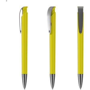 A yellow plastic pen with a silver clip, displayed in multiple angles. The pen features a sleek design.