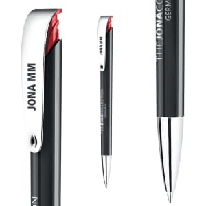 A black plastic pen with a silver clip and red accents, featuring branding on the clip.