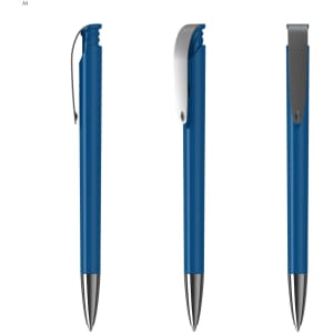 A blue plastic pen with a silver clip, featuring a sleek design and a shiny tip. It includes a logo on the barrel.
