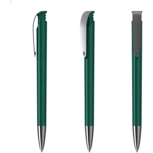 A green plastic pen with a silver clip, displayed from three angles. The pen features a smooth barrel design.