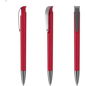 A red plastic pen with a silver clip, displayed from three angles. It features a sleek, modern design.