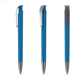 A blue plastic pen with a silver clip, displayed from three different angles. The pen has a smooth finish and a branding logo.