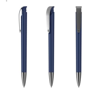 A navy blue plastic pen with a silver clip, displaying three angles. It has a sleek, modern design.