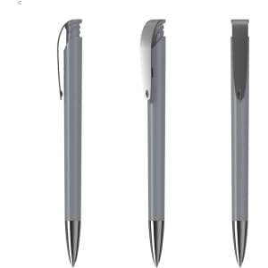 A grey plastic pen featuring a sleek design and a clip, showcasing three different angles.
