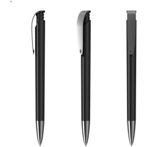 A set of three black plastic pens with a shiny silver clip and tip, each showing a different angle.