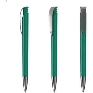 A green plastic pen with a silver clip and a sleek design, featuring a logo on its surface.