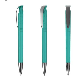 A teal plastic pen featuring a sleek design and a silver clip, showcasing three different angles.