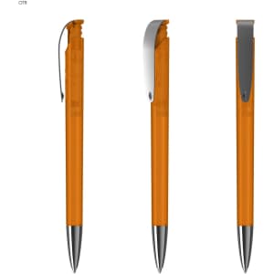 An orange transparent plastic pen with a silver clip, displayed from three angles.
