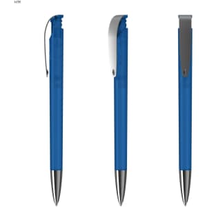 A blue plastic pen with a silver clip, displayed from three different angles. It features a transparent barrel.