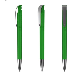 A green transparent plastic pen with a silver clip, displayed from multiple angles.