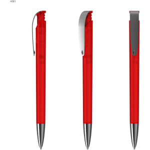 A transparent red plastic pen featuring a metal clip and silver accents, shown from three angles.