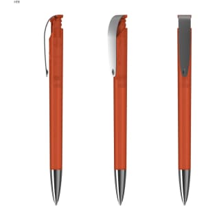 An orange transparent plastic pen with a silver clip, displayed from three angles. Features a logo on the clip.