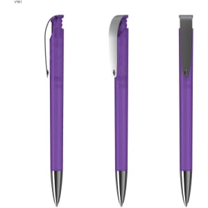 A purple plastic pen with a shiny silver clip, featuring a transparent barrel and a black tip.