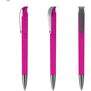 A pink transparent pen with a silver clip, featuring three angles of view. It has a sleek plastic design.