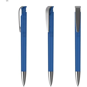 A blue plastic pen with a silver clip, featuring a sleek design and a shiny barrel. It has a logo on the side.